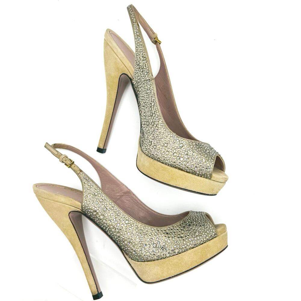 Gucci Tan Suede Crystal Slingback Peep Toe Pumps Heels Women’s EU 37.5
